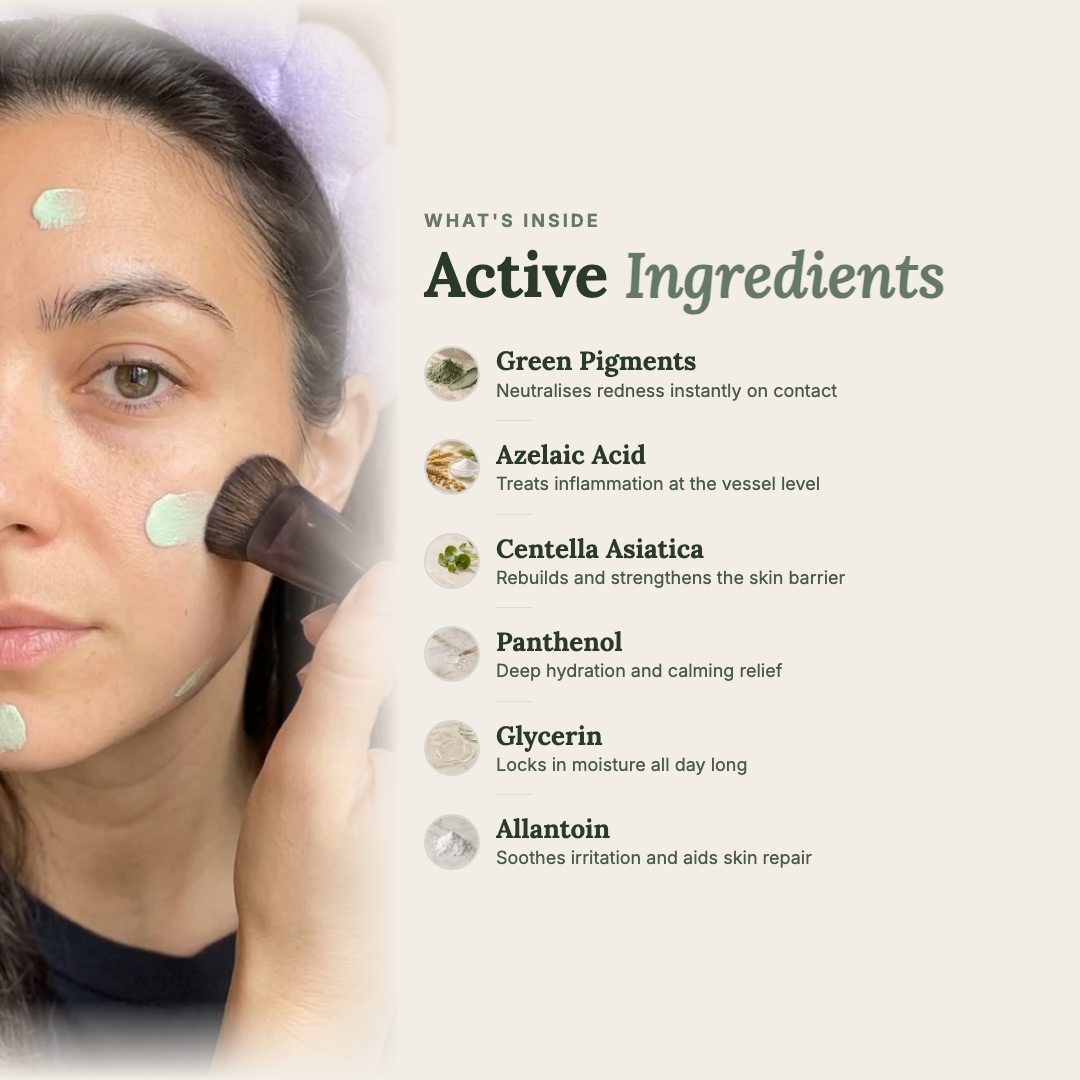 Active Ingredients - Green Pigments, Azelaic Acid, Centella Asiatica, Panthenol, Glycerin, Allantoin