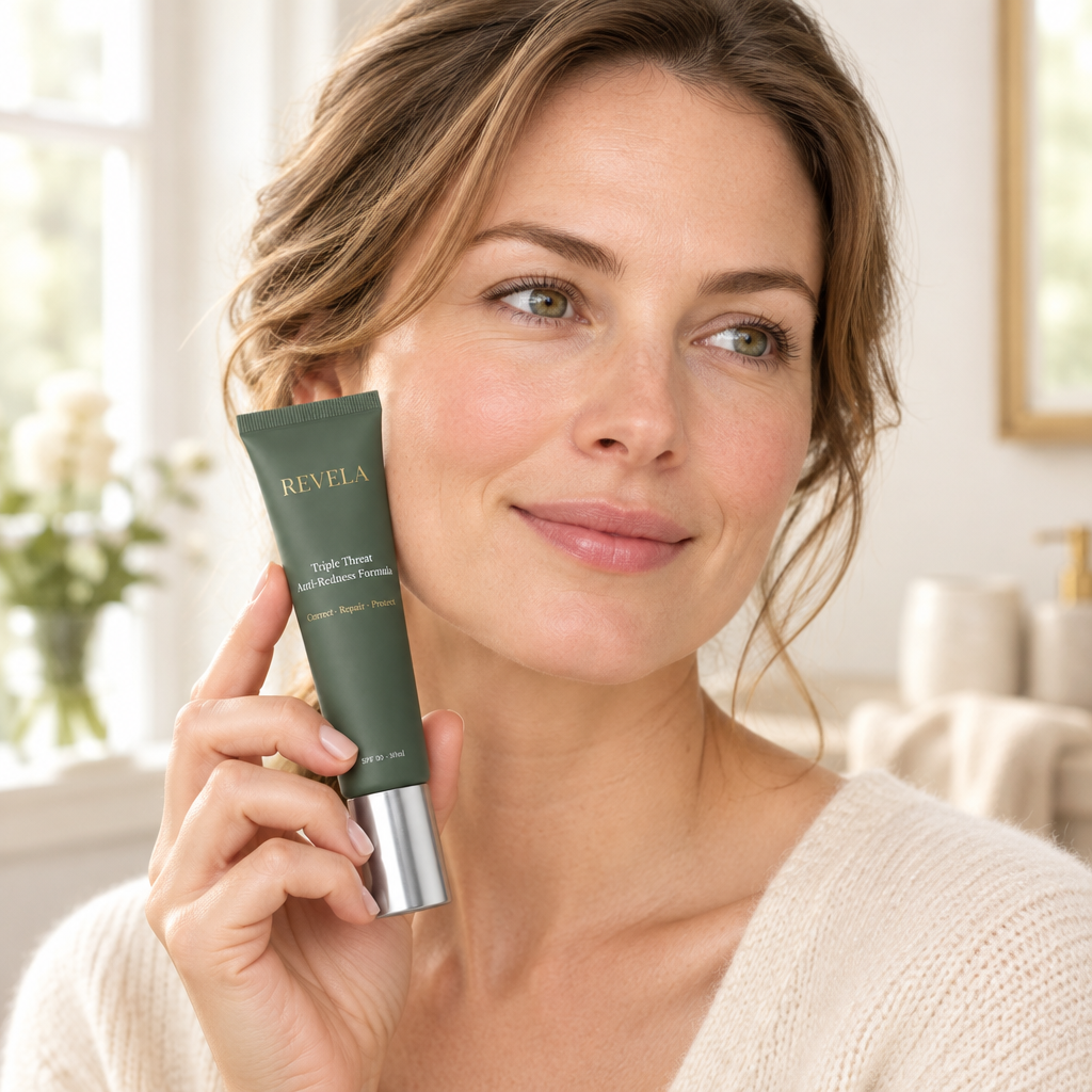 Woman holding Revela Triple Threat Anti-Redness Formula